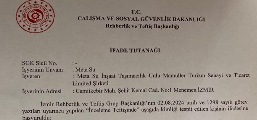 Menemen Belediyesi'ne ait teftiş tutanağı