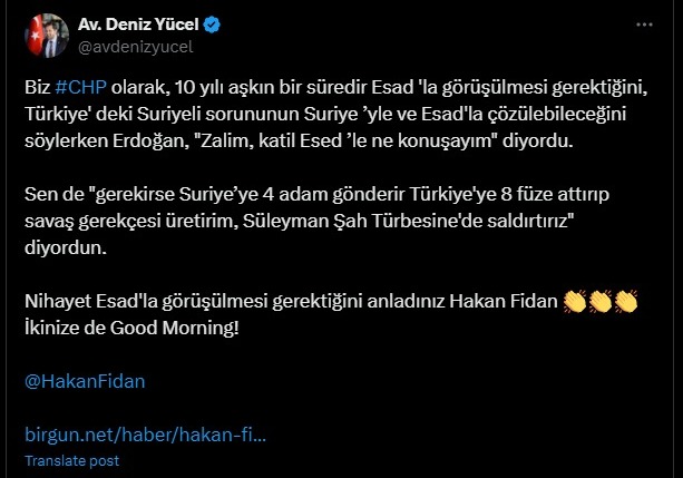 Deniz Yücel'in sosyal medya platformu X'ten yaptığı Suriye'yle ilişkiler göndermesi