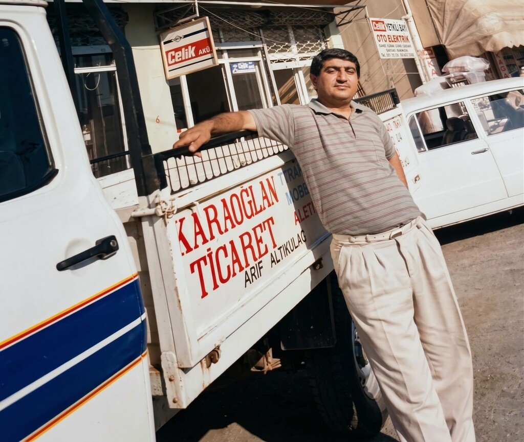Çiğli Esnaf Odası Başkanı Arif Altıkulaç’ın gençliği, "Karaoğlan Ticaret" kamyoneti ve esnaflık yılları fotoğrafı.