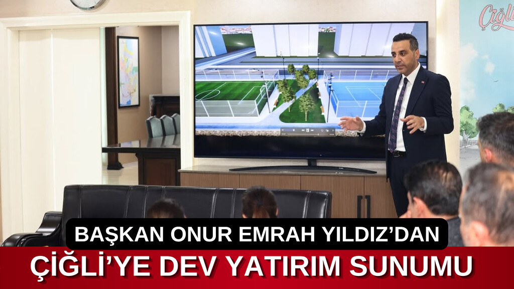 Onur Emrah Yıldız Çiğli Belediyesi modern spor kompleksi (futbol ve tenis sahaları) projesi sunumunda, CHP heyetine bilgi veriyor.