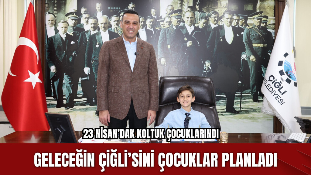 Çiğli Belediye Başkanı Onur Emrah Yıldız'ın 23 Nisan Çocuk Bayramı'nda makam koltuğunu çocuklara devrettiği törenden bir kare.