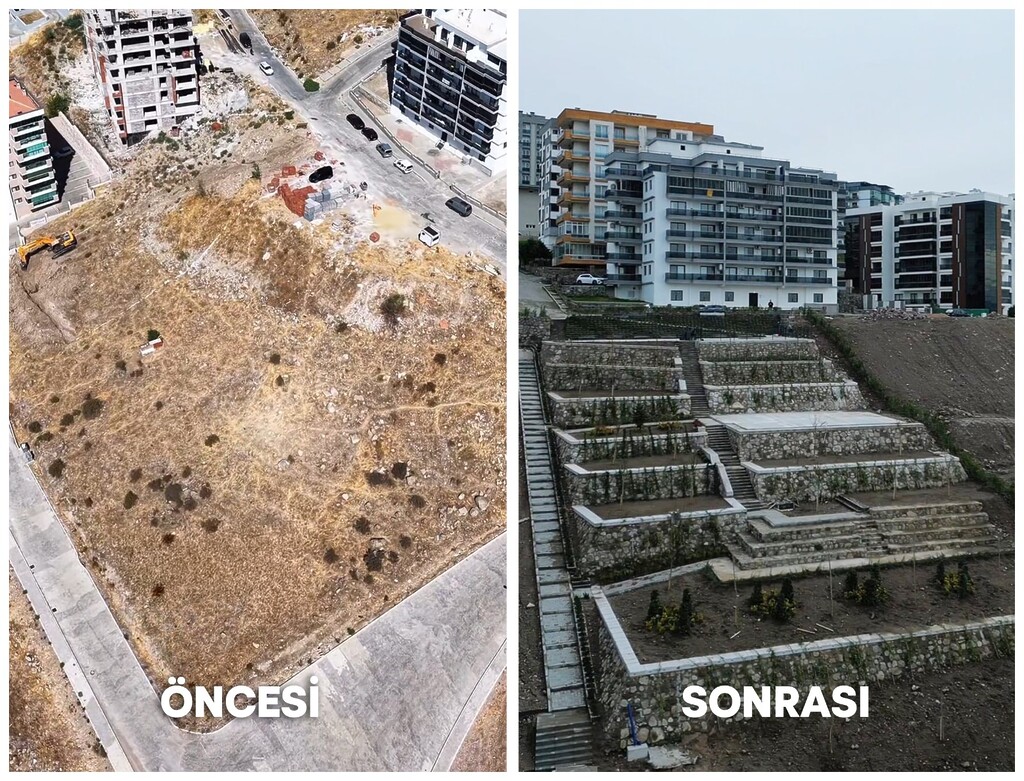 Çiğli Yılmaz Aksoy Parkı inşaat öncesi ve sonrası karşılaştırmalı görünümü