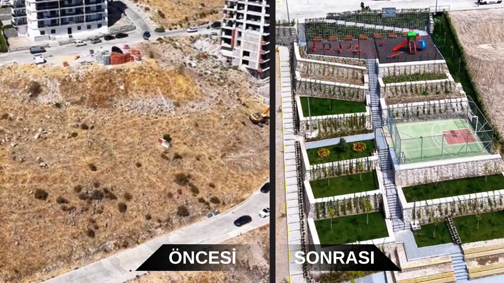Çiğli Belediye Başkanı Onur Emrah Yıldız'ın Atatürk Mahallesi'ne kazandırdığı Yılmaz Aksoy Parkı'nın dönüşümünü gösteren öncesi ve sonrası havadan çekilmiş karşılaştırma fotoğrafı. Solda atıl arazi, sağda modern park ve basketbol sahası.