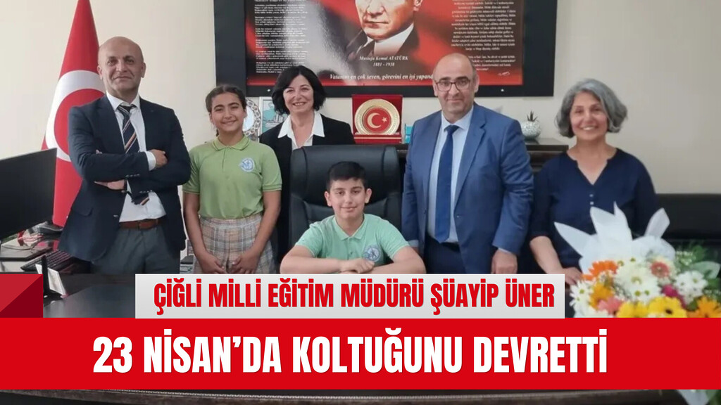 Çiğli Milli Eğitim Müdürü Şuayip Üner'in 23 Nisan'da makamını Büyükçiğli İlkokulu öğrencilerinden Poyraz Gül'e devrettiği anın fotoğrafı.