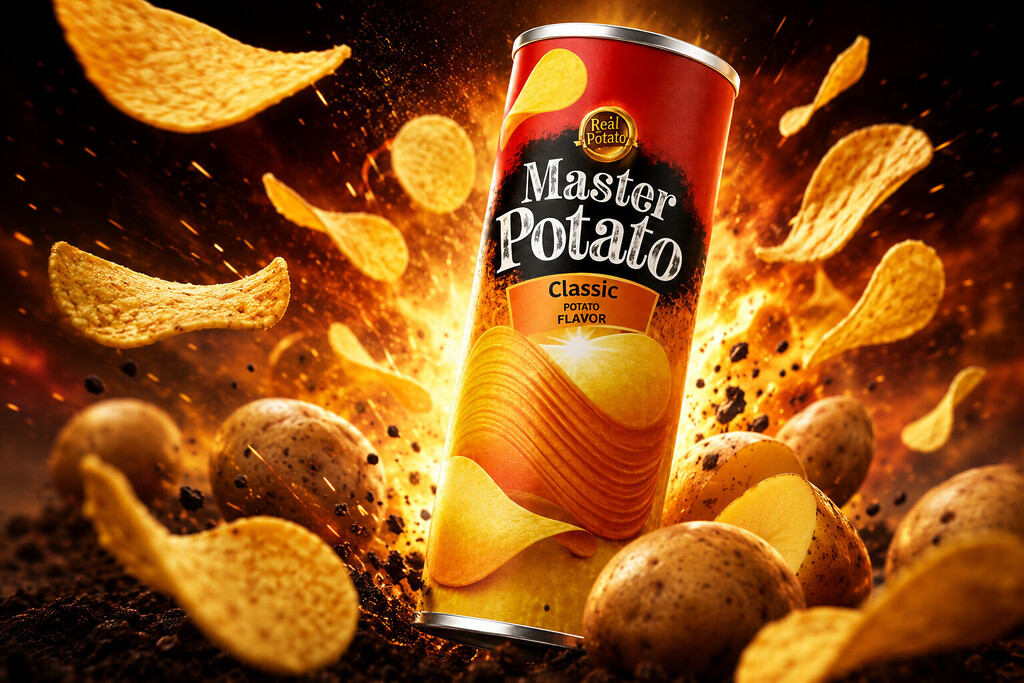 Taze patatesler ve havada uçuşan cips dilimleri arasında duran kırmızı kutulu Master Potato klasik patates cipsi ürünü.