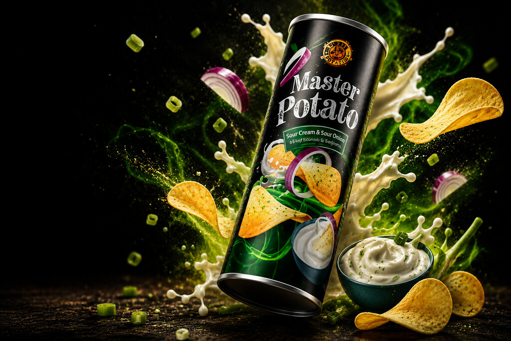 Taze patatesler ve havada uçuşan cips dilimleri arasında duran kırmızı kutulu Master Potato klasik patates cipsi ürünü.