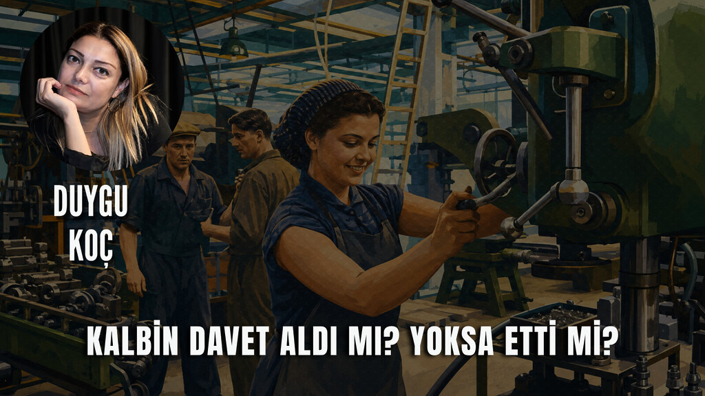 Fabrikada tezgah başında çalışan emekçi kadın illüstrasyonu ve Duygu Koç köşe yazısı kapak görseli.