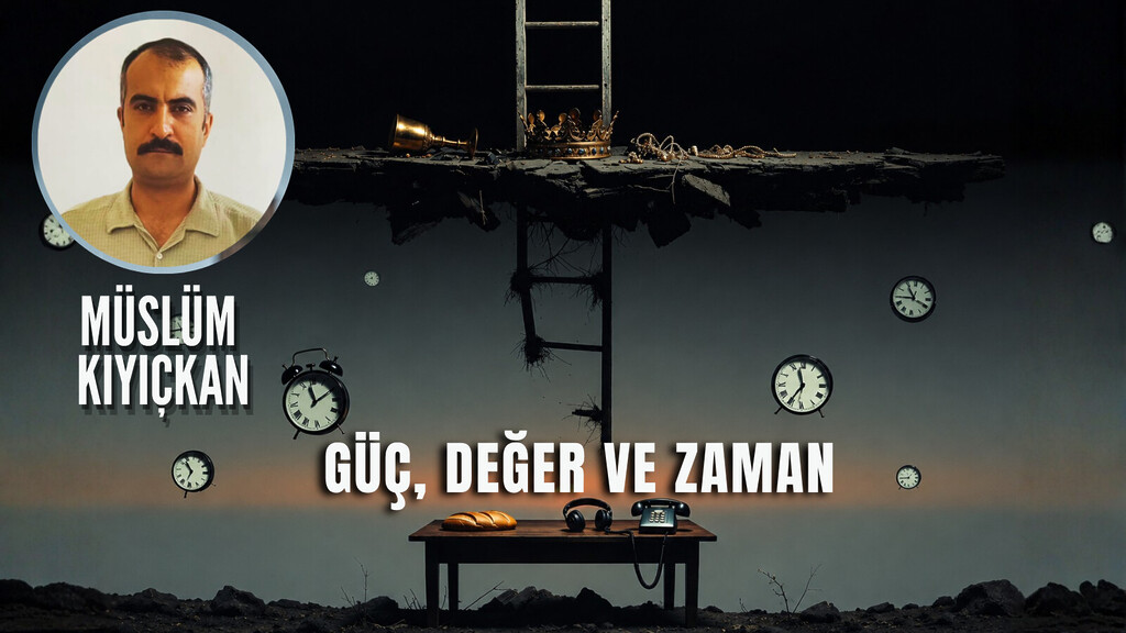 Müslüm Kıyıçkan'ın Güç Değer ve İnsan başlıklı köşe yazısı için hazırlanan; havada asılı taç, merdiven, uçuşan saatler, masada eski telefon, kulaklık ve ekmek detaylı sürrealist kapak görseli.