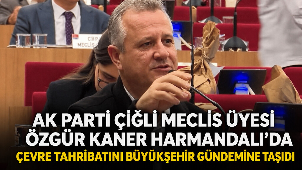 AK Parti Çiğli ve İzmir Büyükşehir Belediye Meclis Üyesi Özgür Kaner meclis kürsüsünde konuşma yaparken.